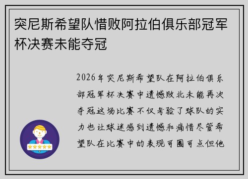 突尼斯希望队惜败阿拉伯俱乐部冠军杯决赛未能夺冠